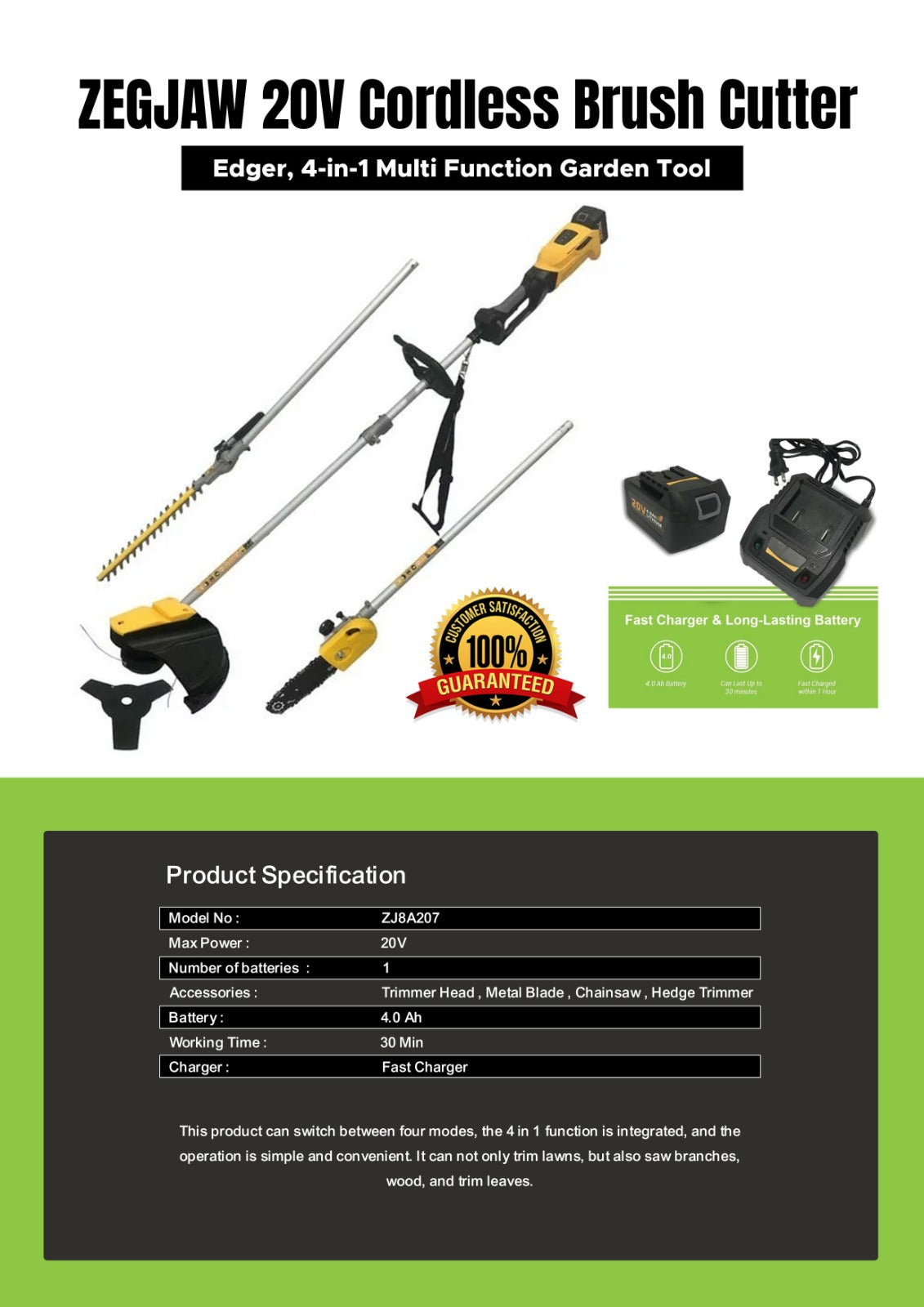 Pahel 4 in 1 Multi Tool Brush Cutter 20 V Cordless