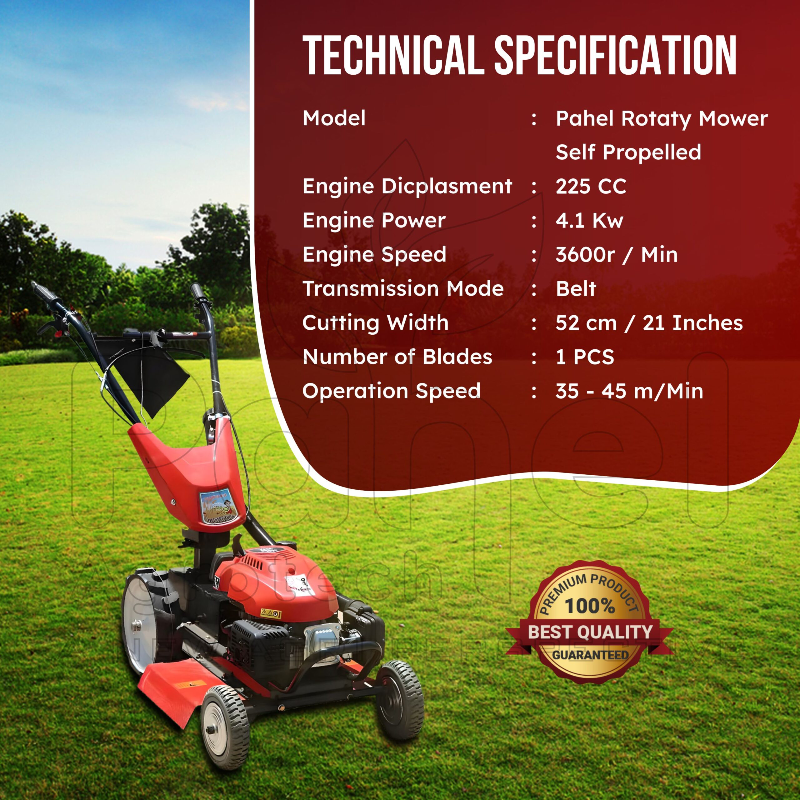 Pahel Self Propelled Heavy Duty 225 CC Petrol Rotary Mower with 21" Cutting