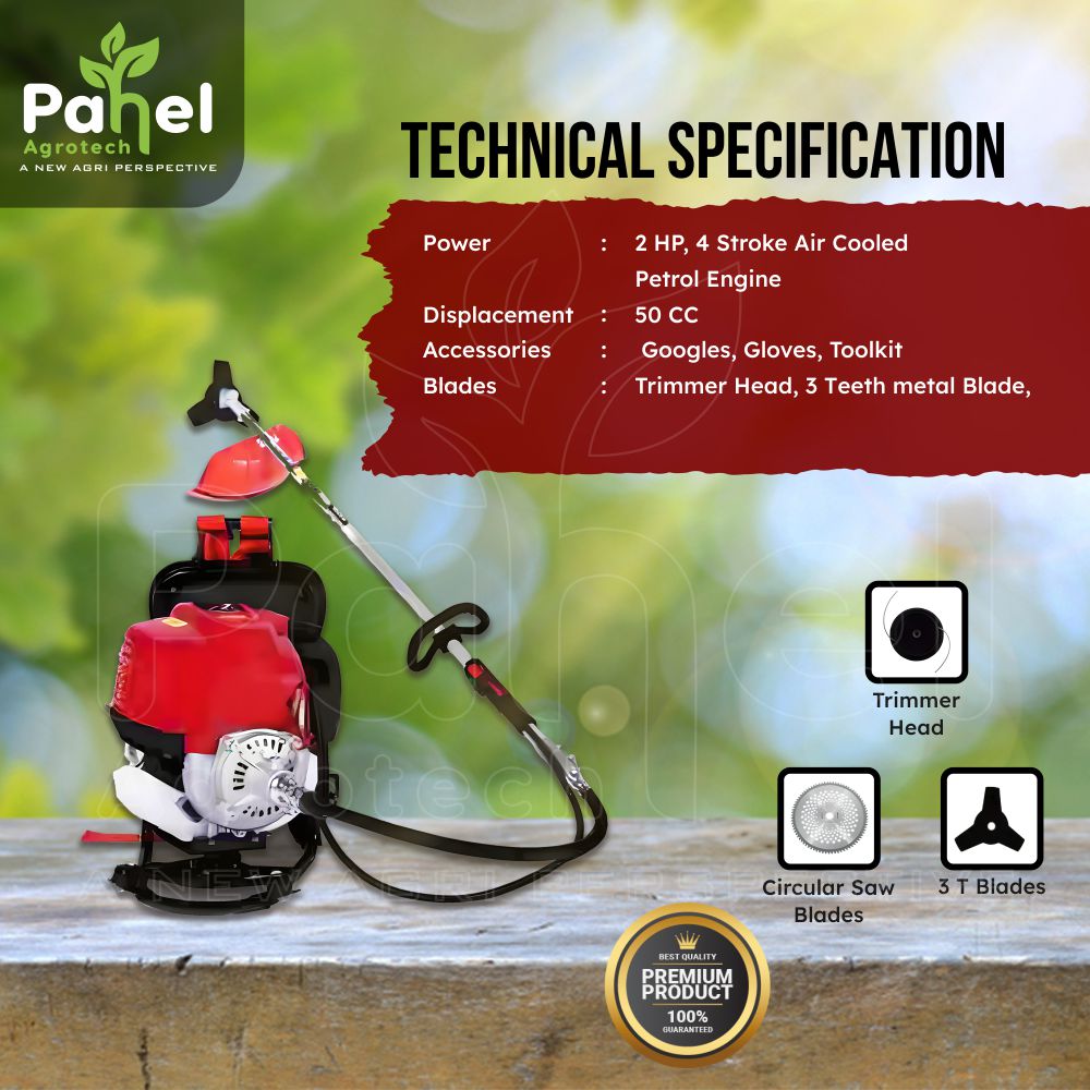 50 CC 4‑Stroke Back Pack Brush Cutter with dual cutting heads & harness