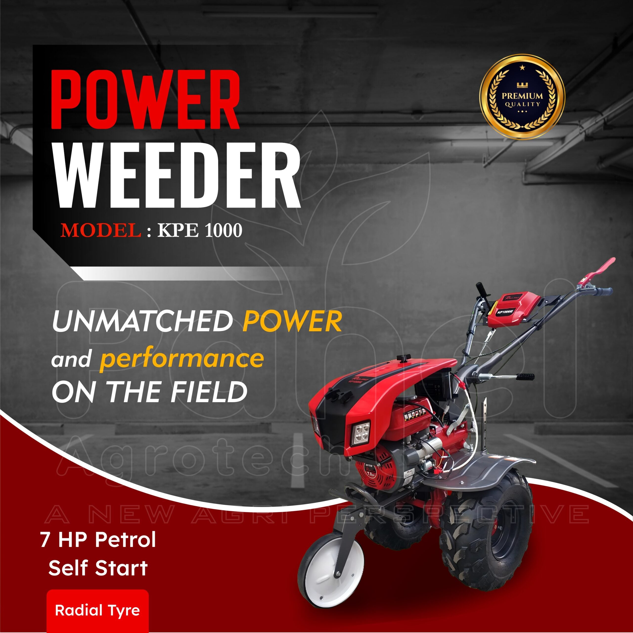 Riga Italy KPE 1000 R 7 HP Petrol Power Weeder with Radial Tyre, Self Start & Headlight