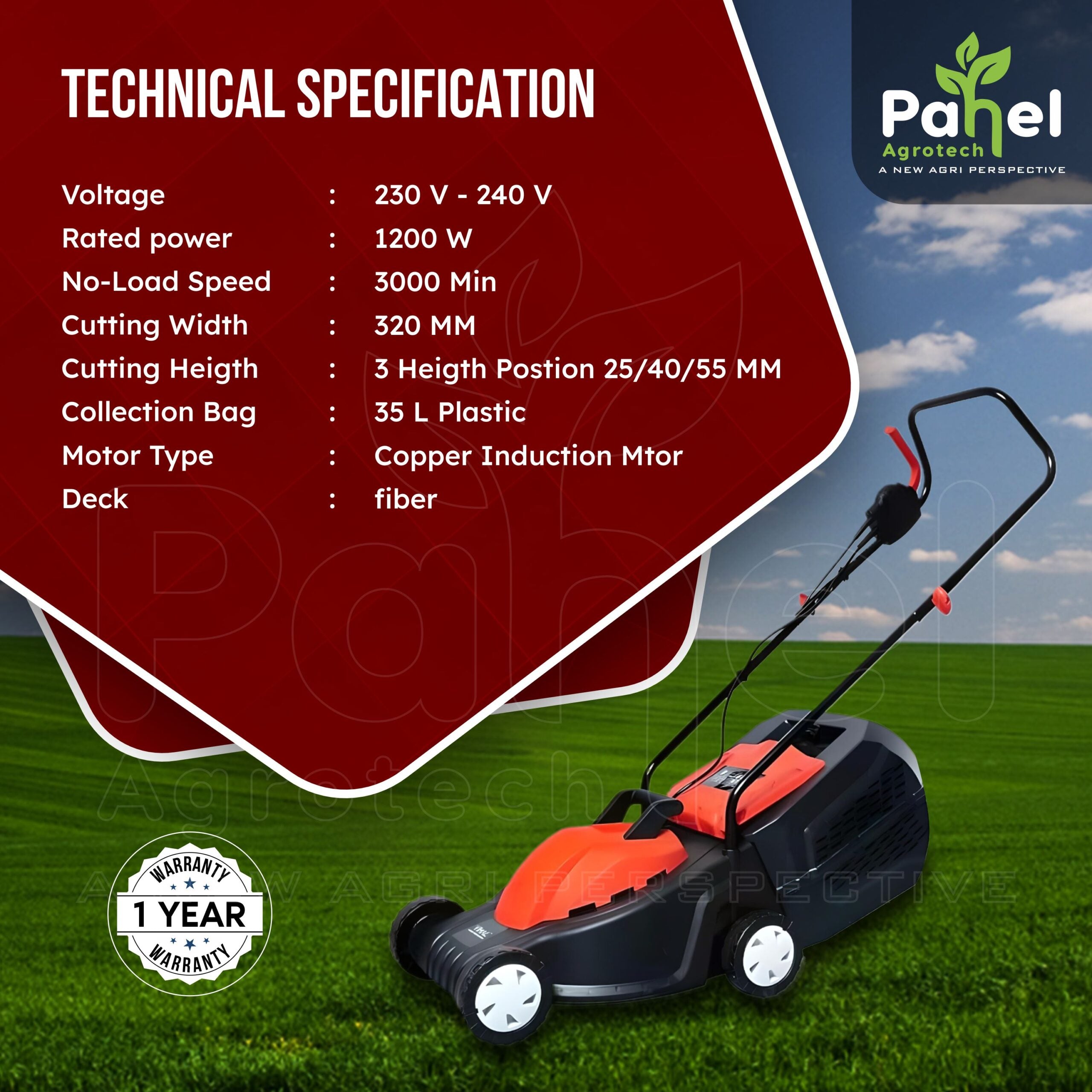 Pahel 1200 W Electric Lawn Mover with 13" Cutting Width