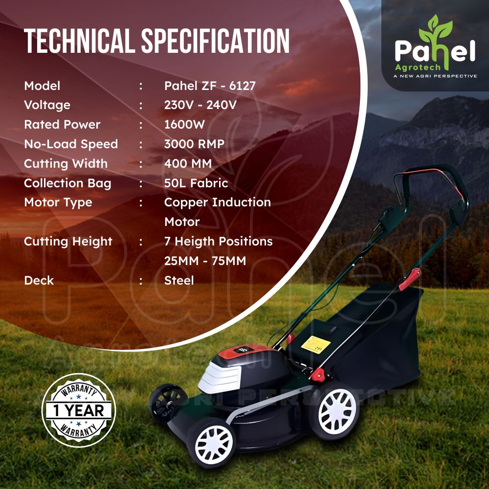 Pahel 1600W Electric Lawn Mower with 16" Cutting Width- Steel DECK
