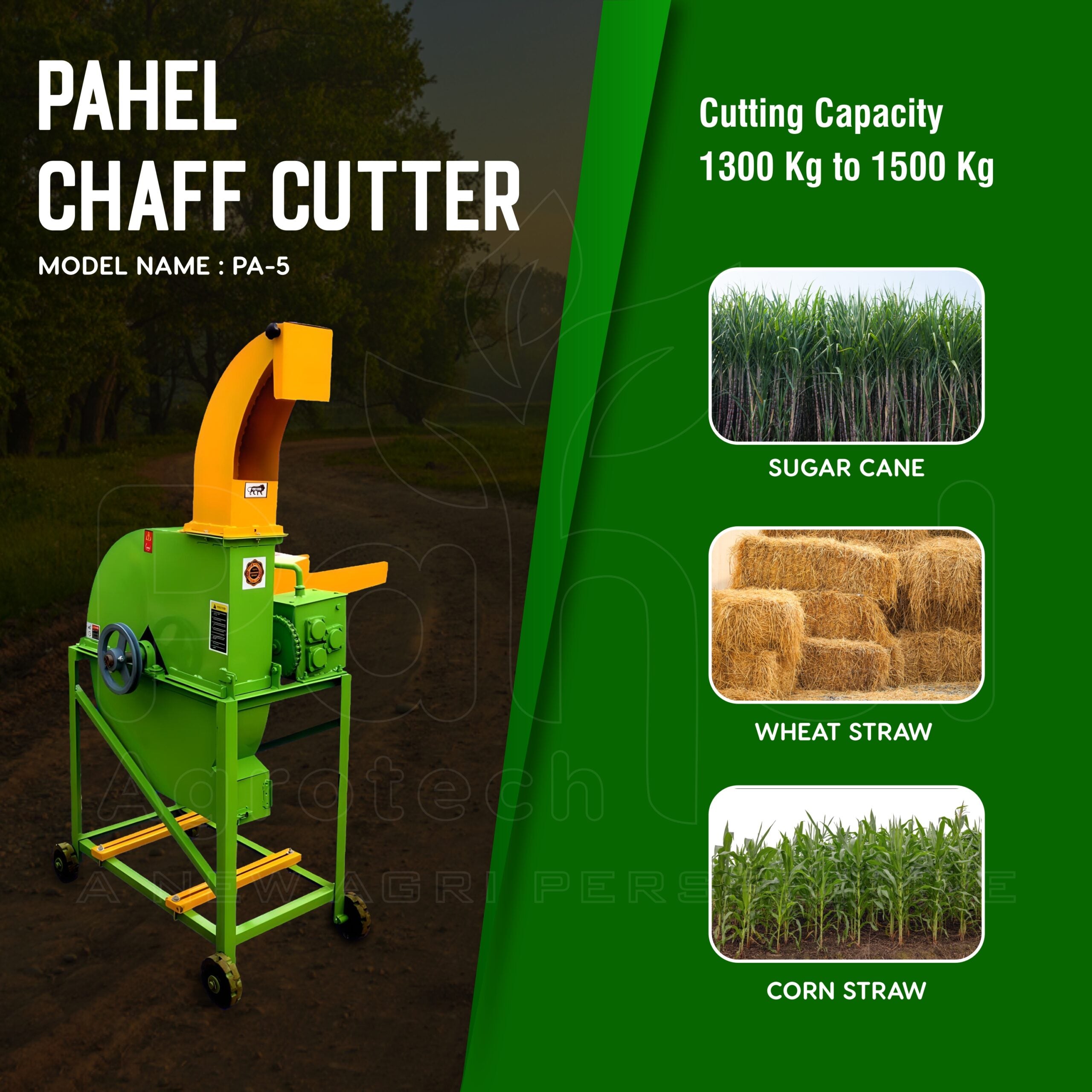 "3 HP Pahel Chaff Cutter with integrated blower processing green fodder"