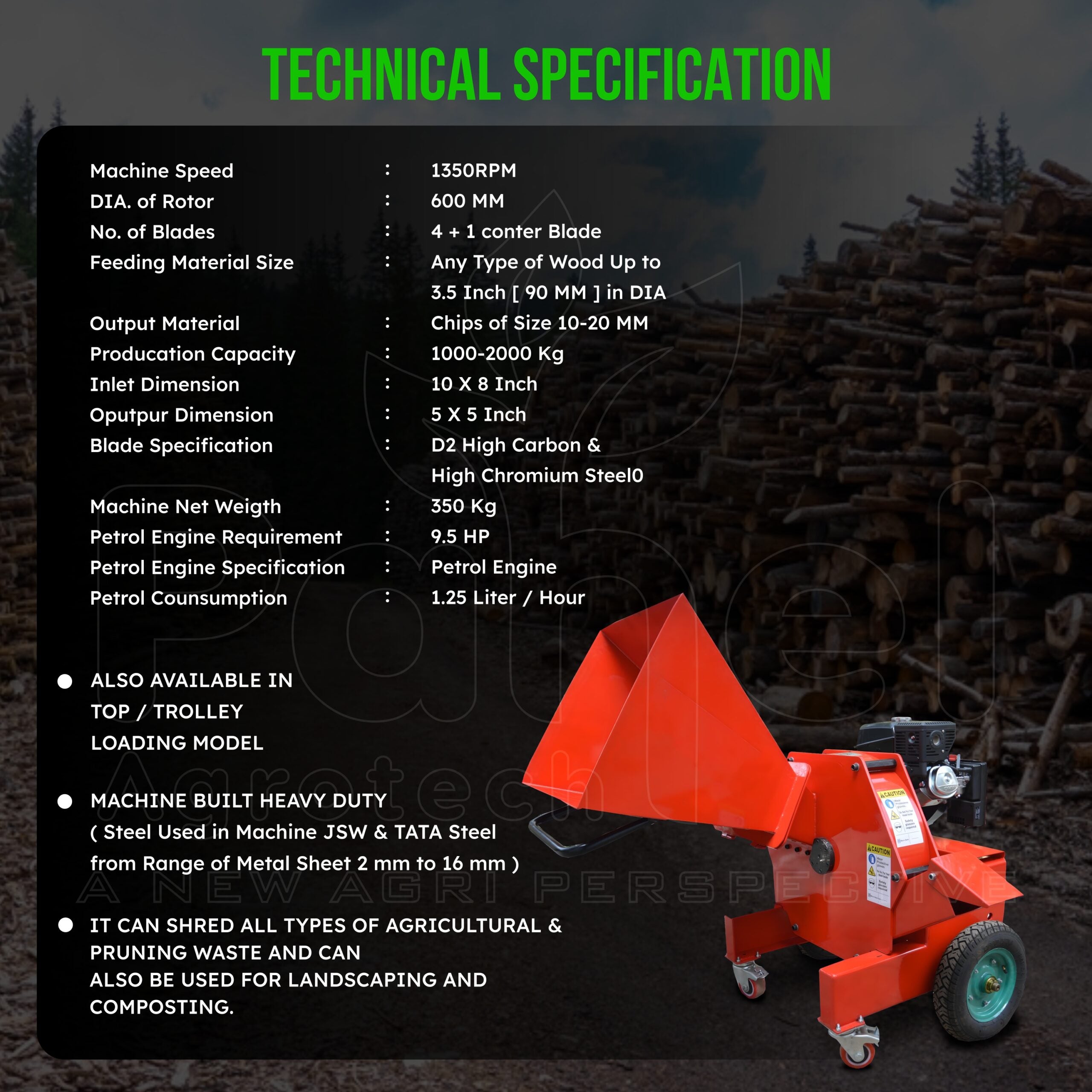 600P 10 Hp Petrol Wood Chipper – Portable Power for Efficient Chipping