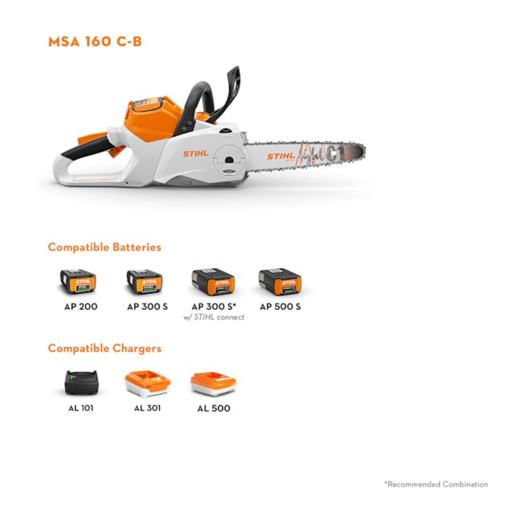STIHL MSA 160 C-B cordless chainsaw side view with AP 300 battery attached