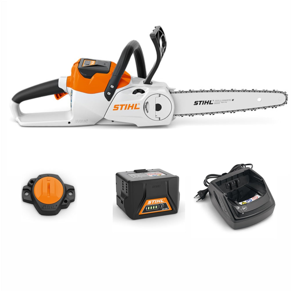 STIHL MSA 140 C-B cordless chainsaw with 14-inch guide bar and AK 20 battery side view