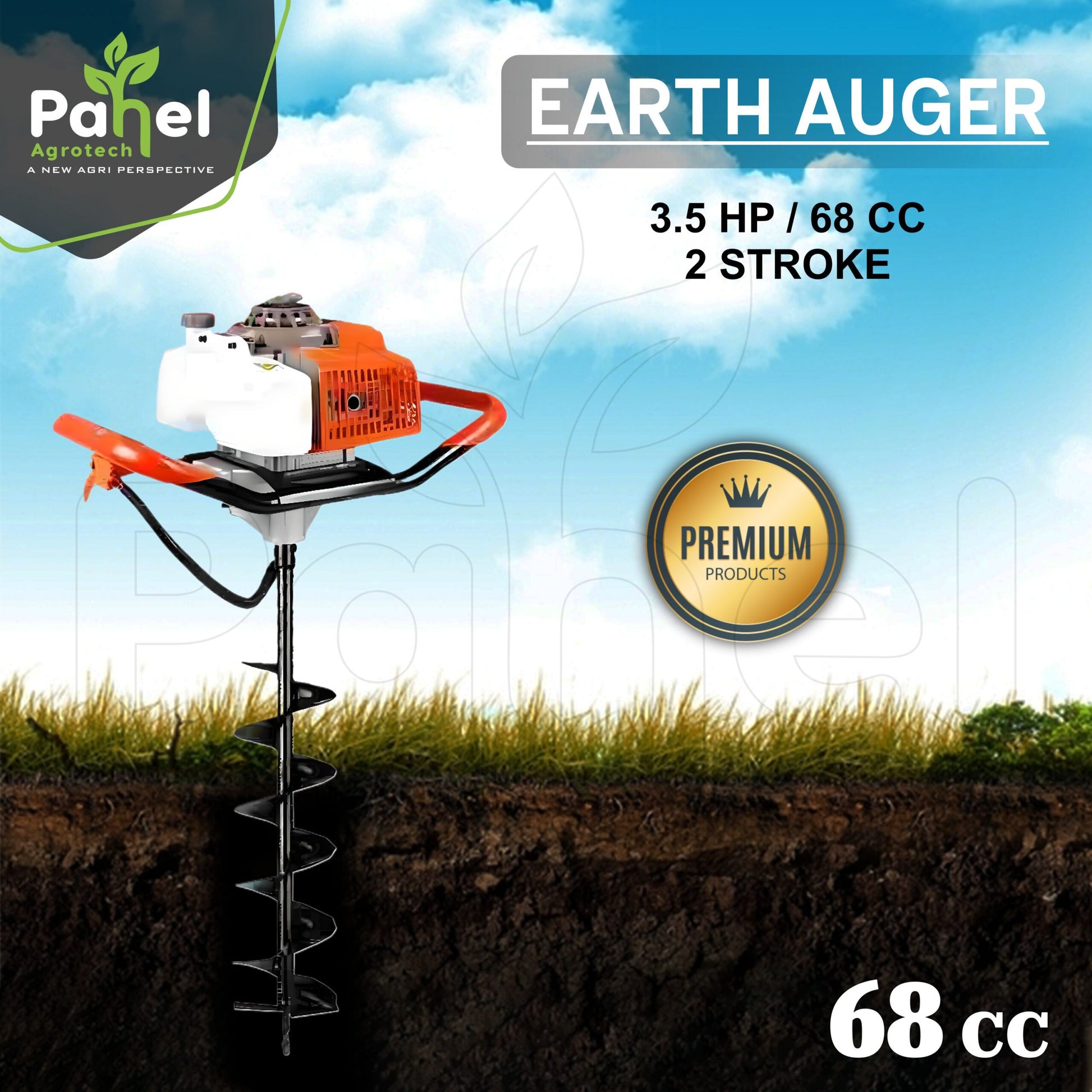 “Pahel 68cc 2-Stroke Petrol Earth Auger front view showing design"