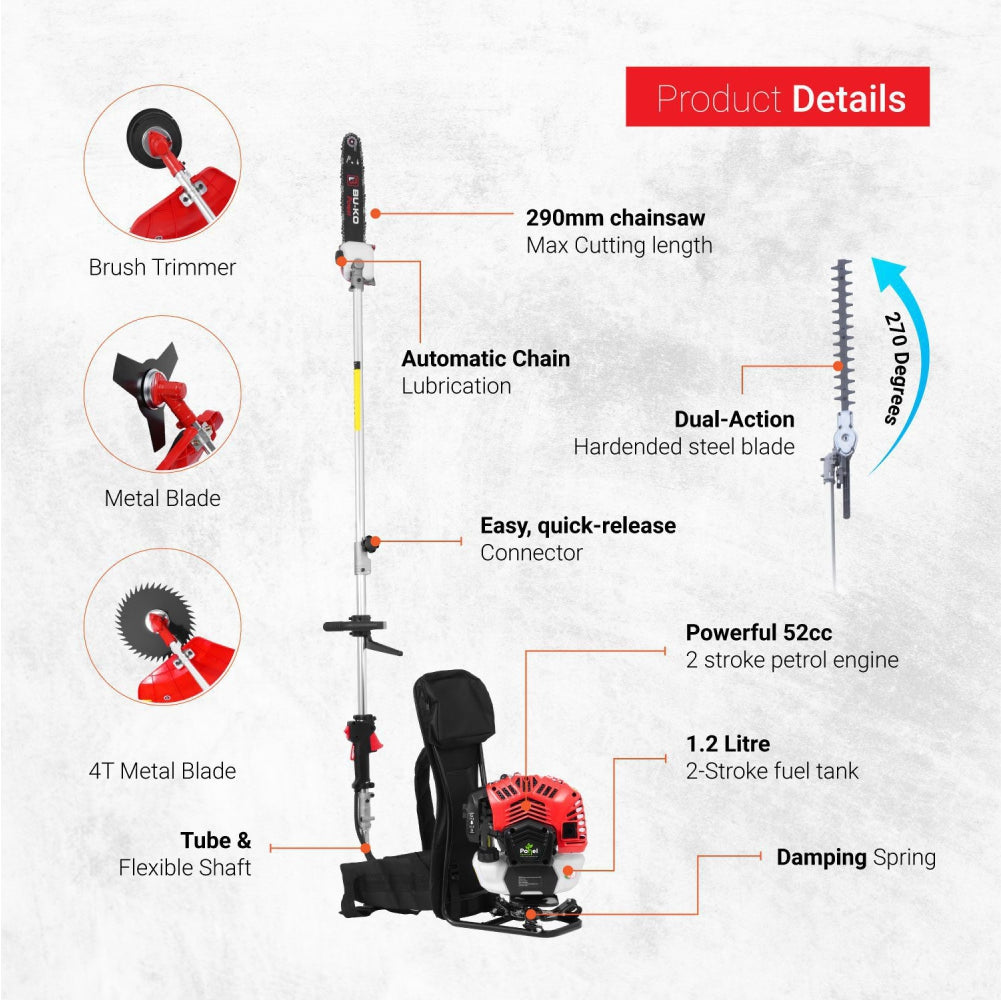Pahel 5 in 1 Multi Tool Brush Cutter 52 cc 2 Stroke Petrol Engine