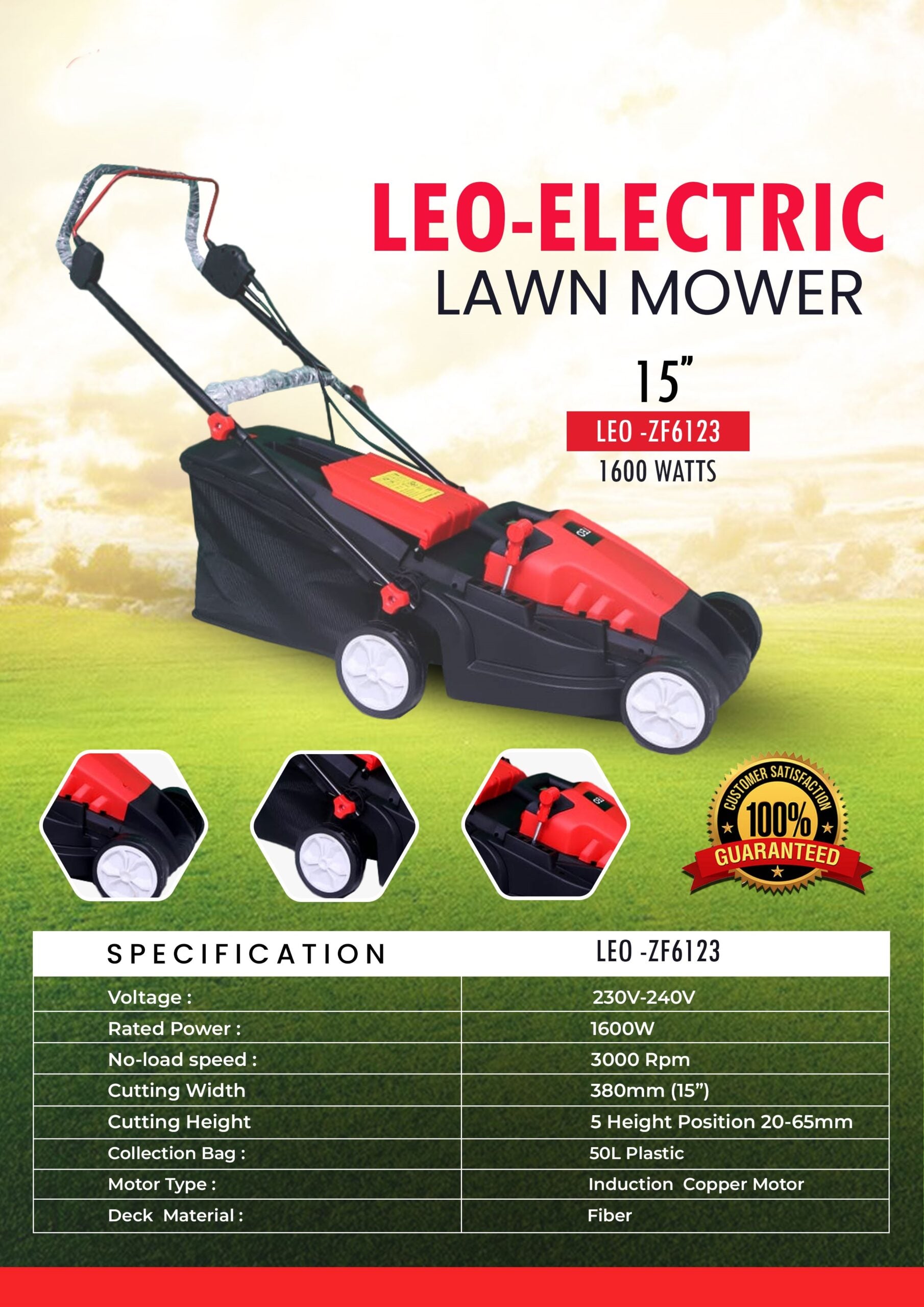 Pahel 1600W Electric Lawn Mower with 15" Cutting Width