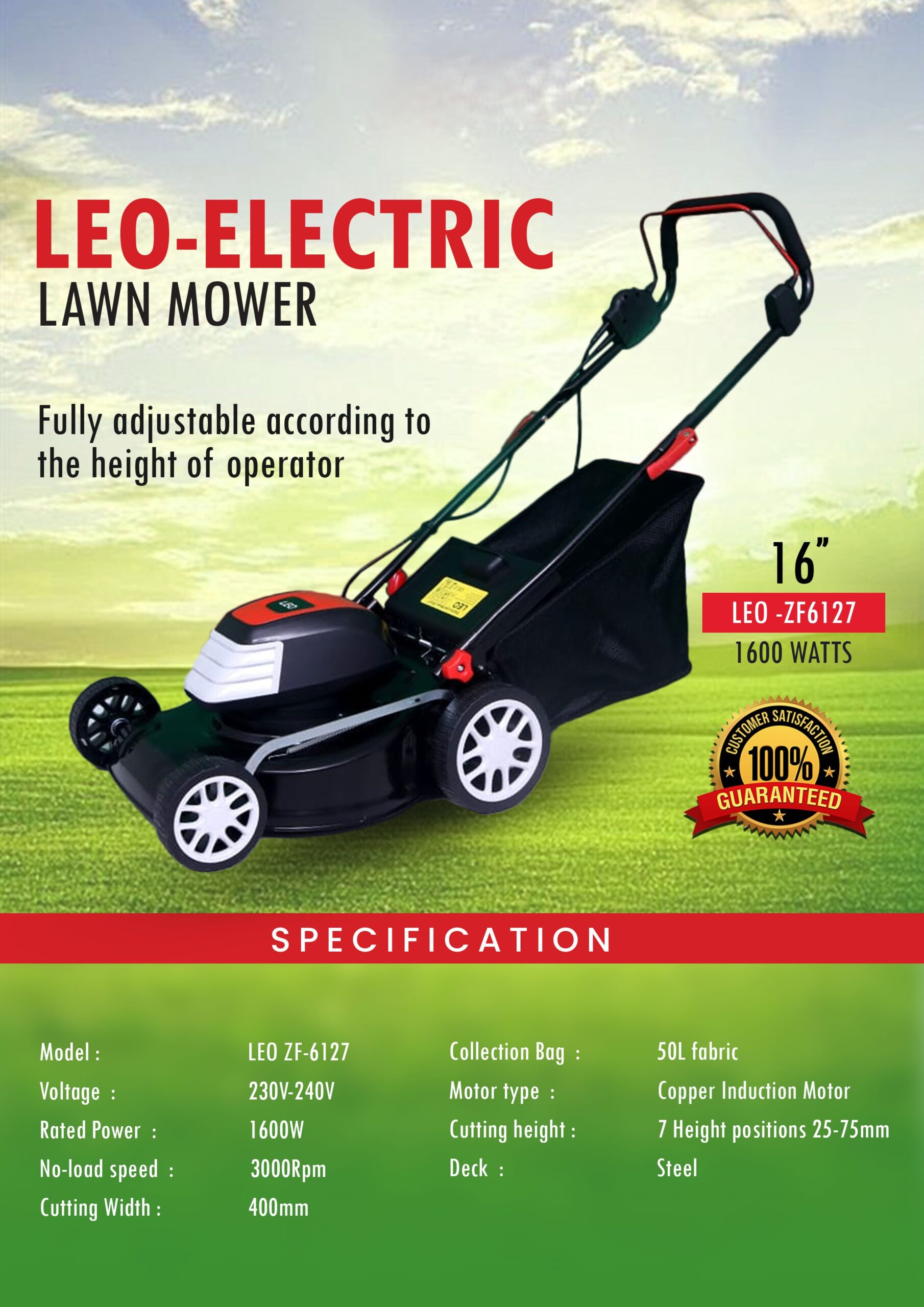 Pahel 1600W Electric Lawn Mower with 16" Cutting Width- Steel DECK