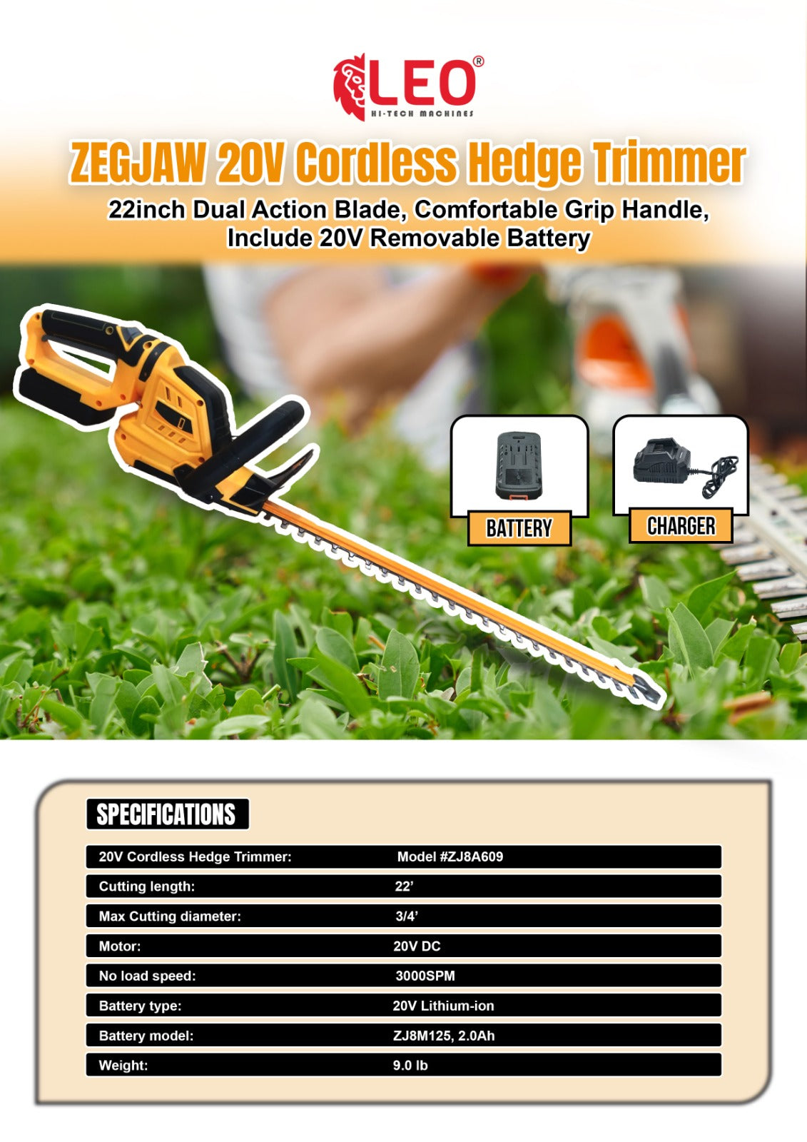 Pahel 20V Battery type Hedge Trimmer with 22 inches Blade (Battery & Charger Included)