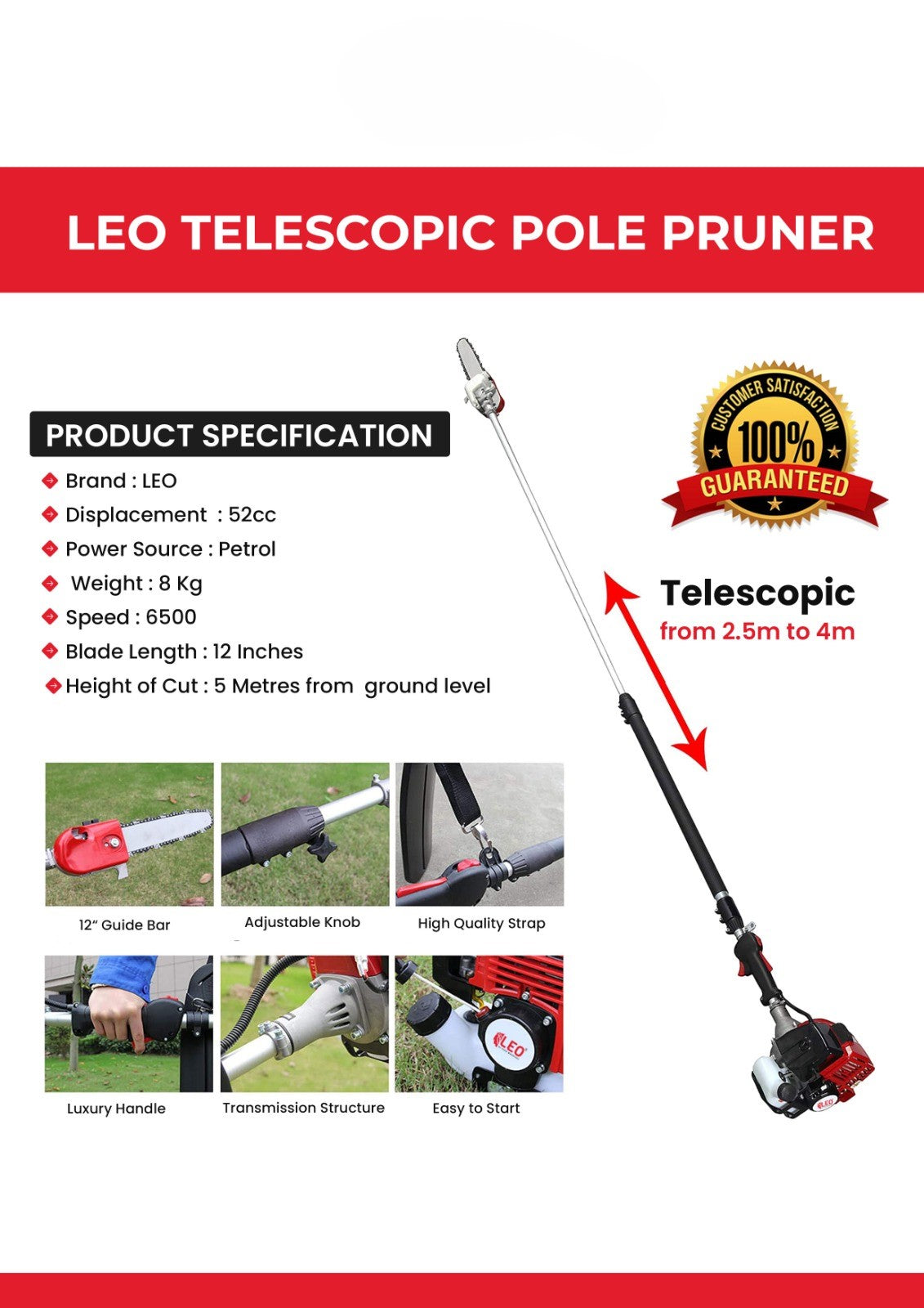 Telescopic Petrol 52 CC Pole Pruner 5 Meter length With 12 Inch Chainsaw