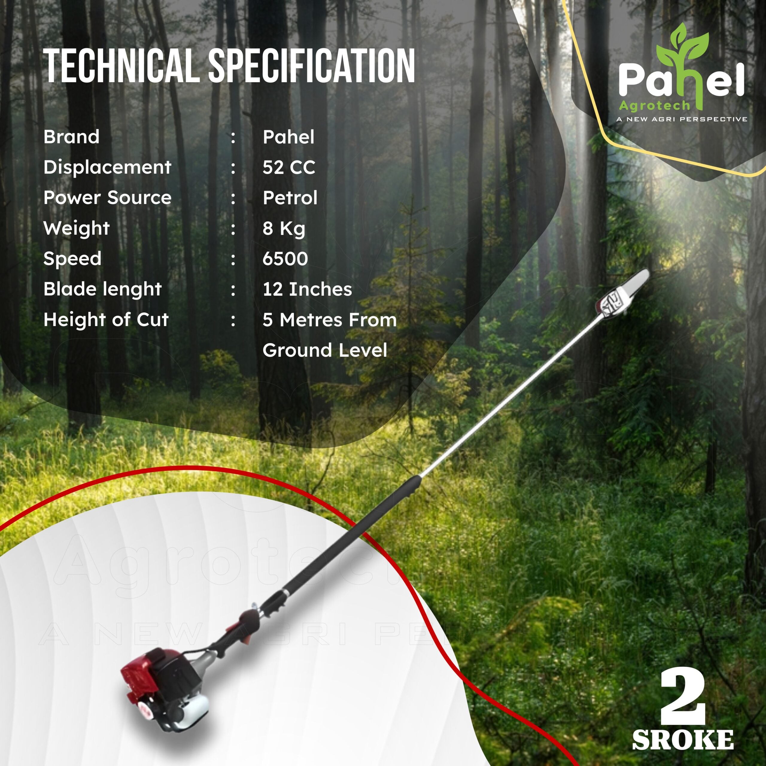 Telescopic Petrol 52 CC Pole Pruner 5 Meter length With 12 Inch Chainsaw