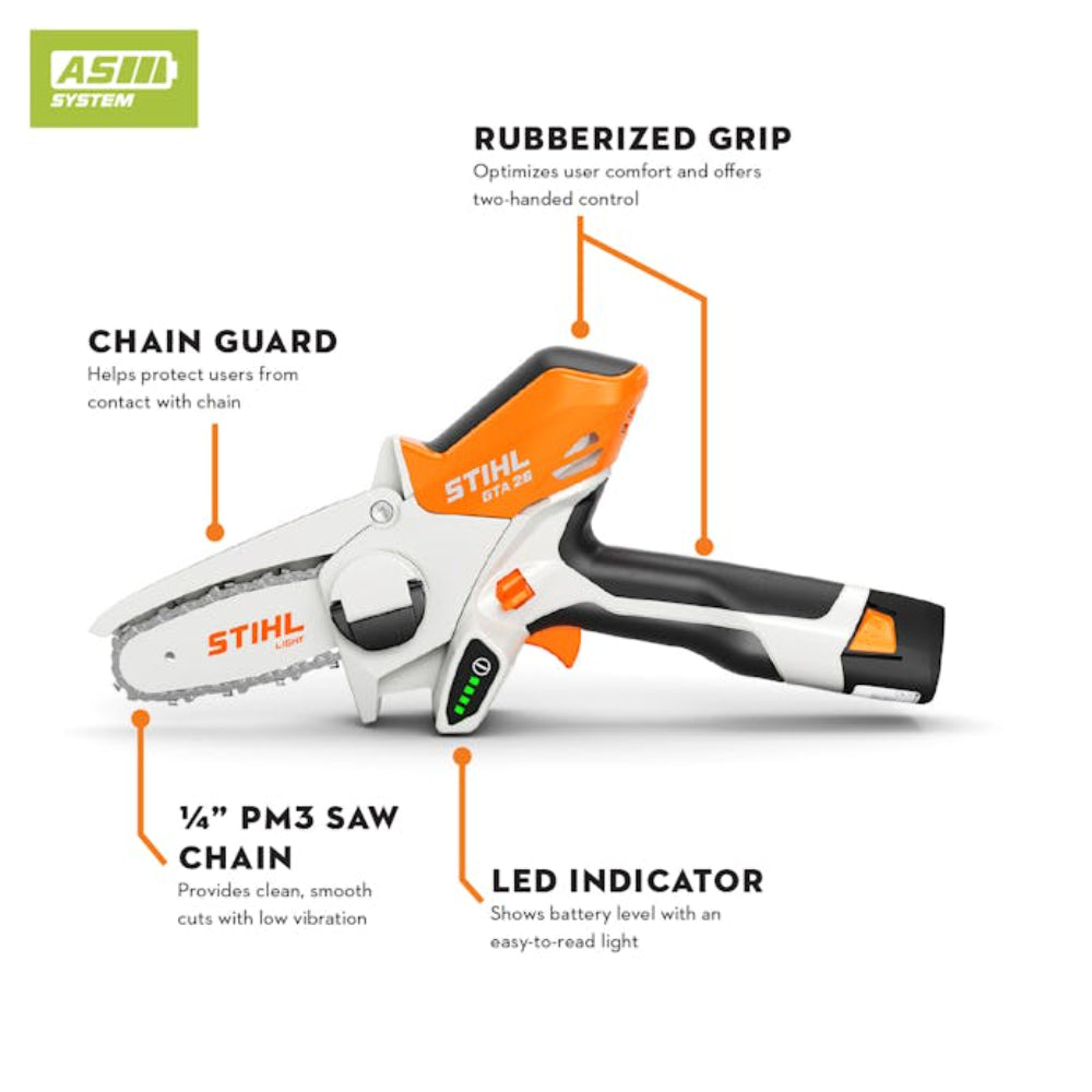 STIHL GTA 26 cordless handheld pruner with 4″ guide bar and AS 2 battery